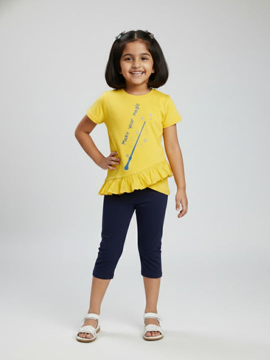 Kiddopanti Girls "Make Your magic" Printed Half Sleeve Tee With Frill & Solid Capri Legging Set