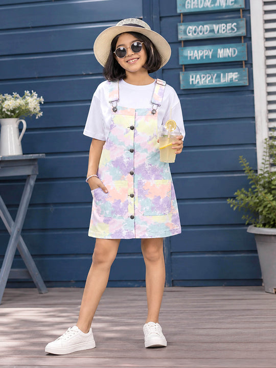 Kiddopanti Girls Cotton Knit Drop Shoulder Sleeves Solid Crop T-Shirt With Tie & Dye Printed Dungaree Skirt Co Ord Set