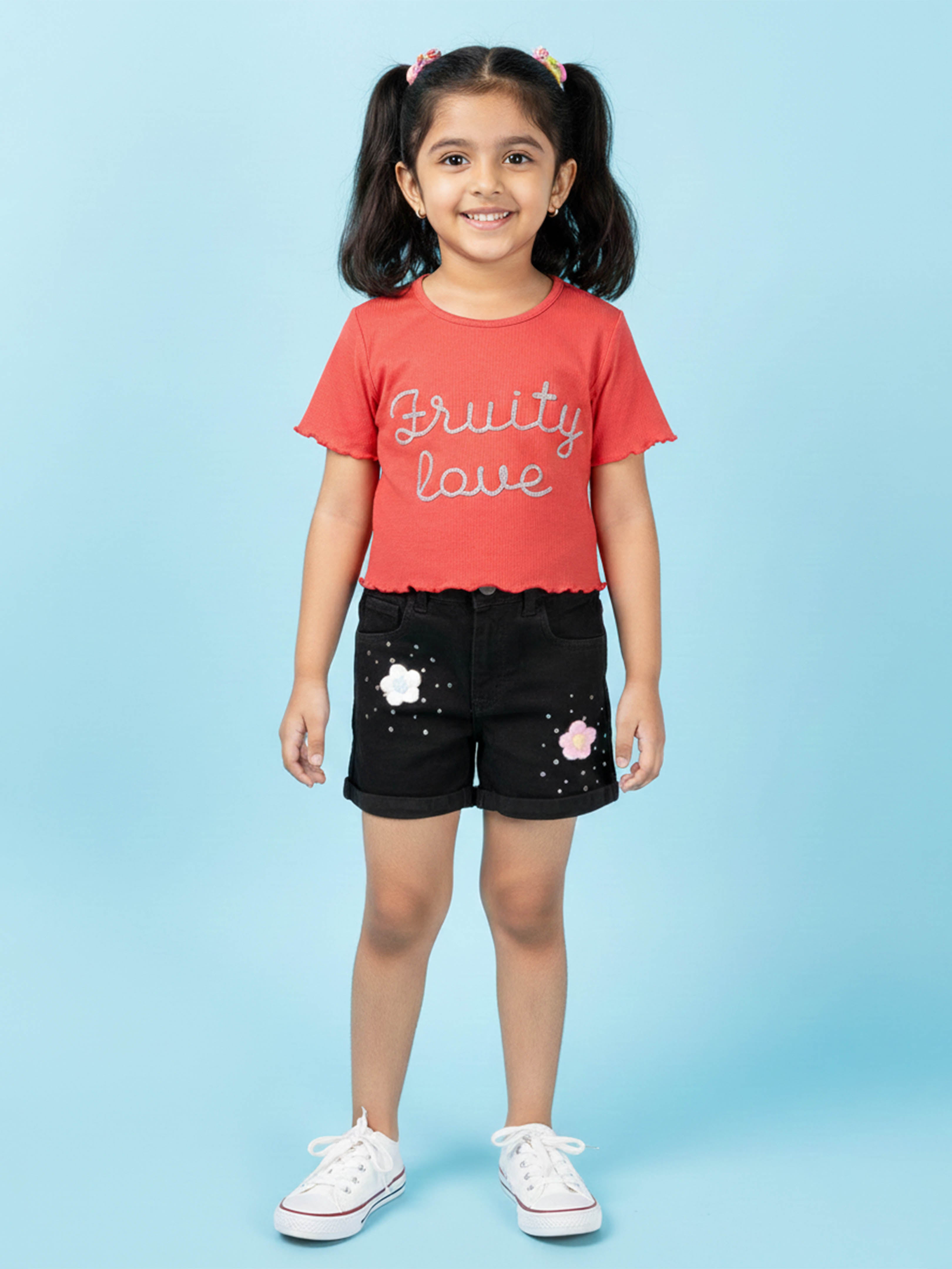 Kiddopanti Girls Crop Tee & Rollup Denim Shorts Set