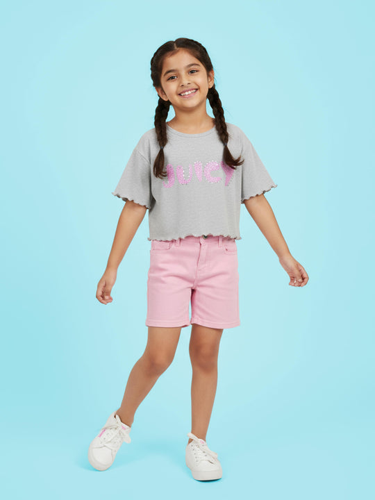 Kiddopanti Girls Crop Tee & Rollup Denim Shorts Set