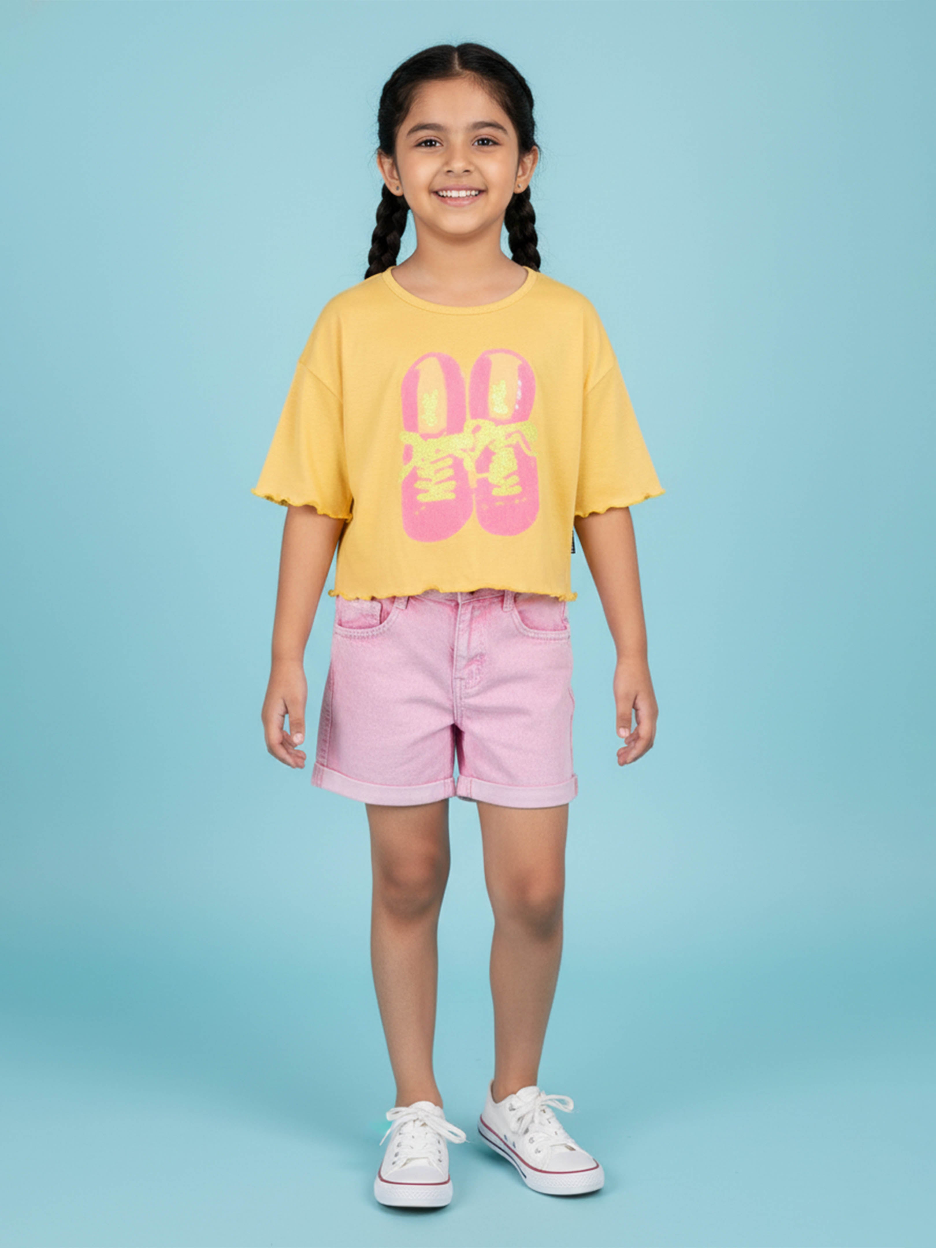 Kiddopanti Girls Crop Tee & Rollup Denim Shorts Set