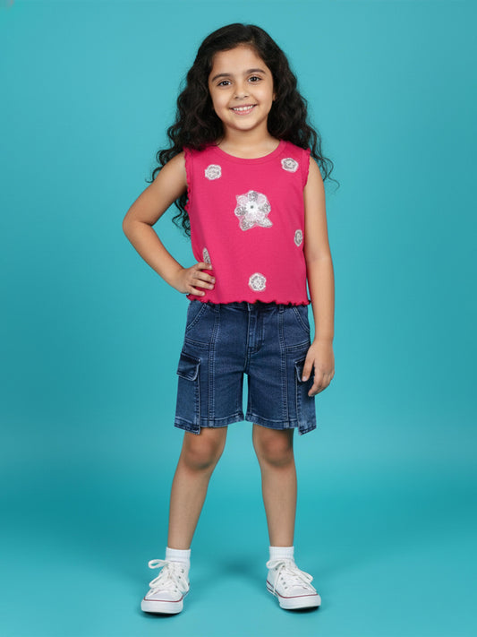 Kiddopanti Girls Rib Round Neck Sleeveless Crop T-shirt with Stone work & Denim Shorts Clothing Set