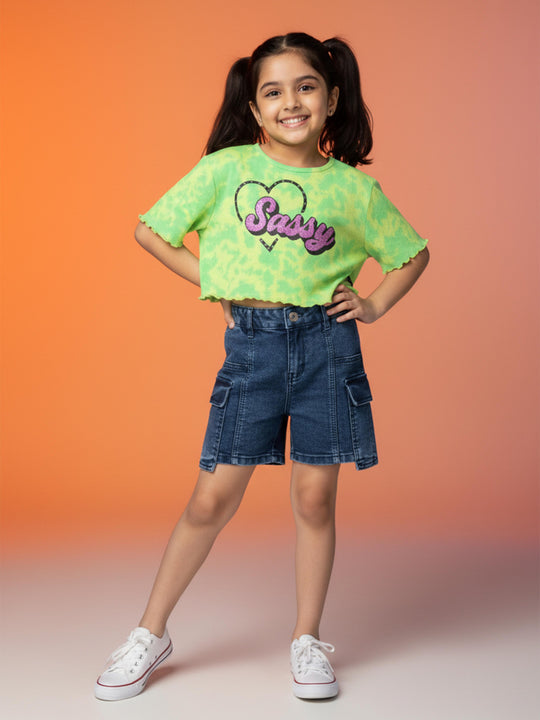 Kiddopanti Girls Crop Tie & dye Tee & Cut Sew Denim Shorts With Front Cargo Pocket Set