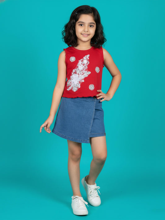 Kiddopanti Girls Rib Round Neck Sleeveless Crop T-shirt with Stone Work Applique & Skort Clothing Set