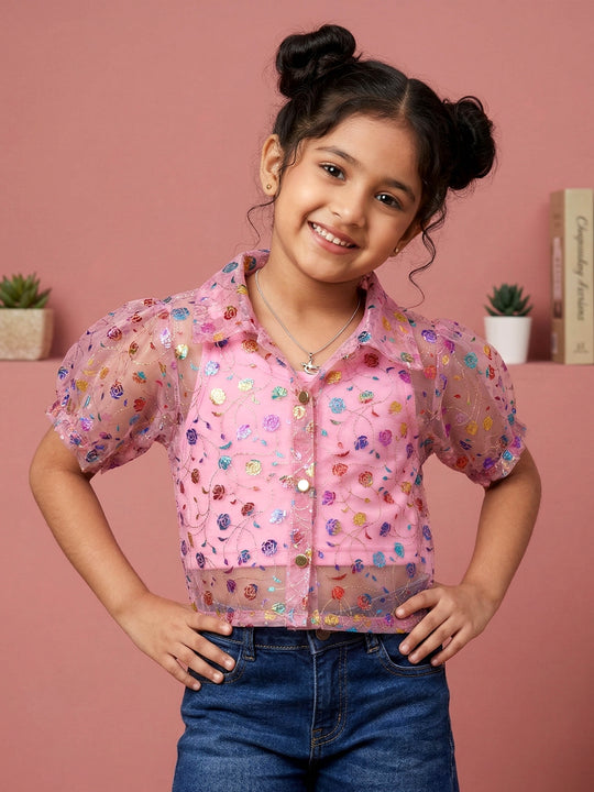 Kiddopanti Girls Cotton Spandex Sleeveless Racer Back Crop Top With Floral Foil Net Party Top Combo