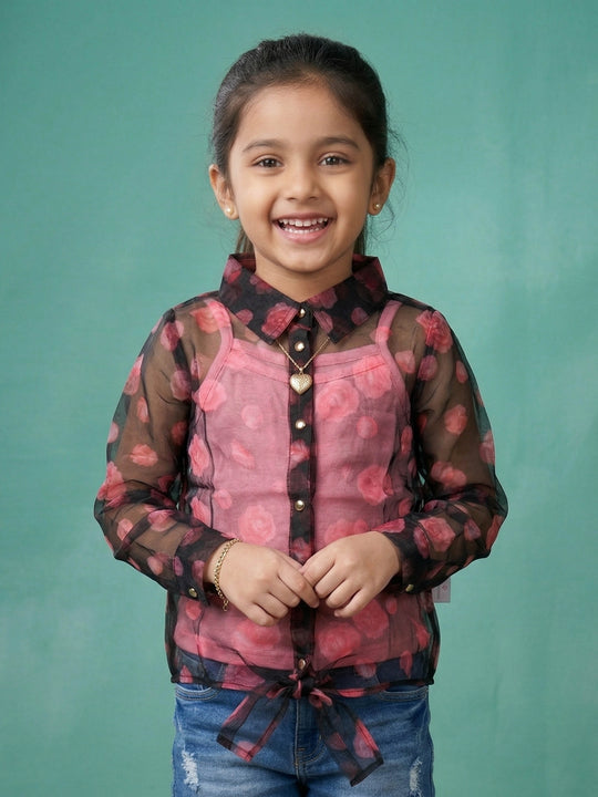 Kiddopanti Girls Cotton Sleeveless Inner Slip With Floral Organza Tie-Up Party Top Combo