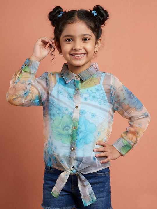 Kiddopanti Girls Cotton Sleeveless Inner Slip With Floral Organza Tie-Up Party Top Combo