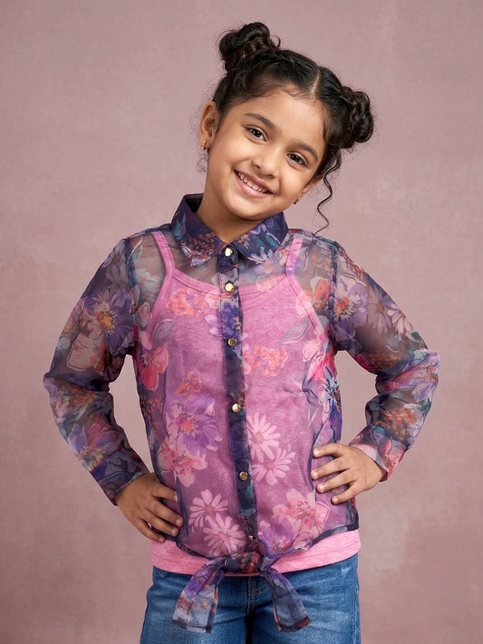 Kiddopanti Girls Cotton Sleeveless Inner Slip With Floral Organza Tie-Up Party Top Combo