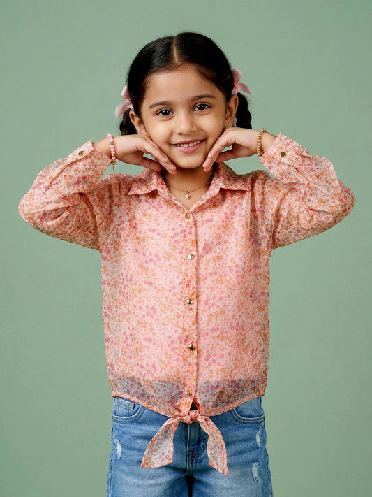 Kiddopanti Girls Cotton Sleeveless Inner Slip With Floral Organza Tie-Up Party Top Combo