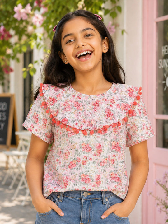 Kiddopanti Girls Georgette Woven Sleeveless Floral Printed Pom Pom Lace Top