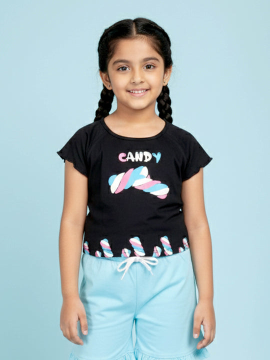 Kiddopanti Girls Cotton Raglan Sleeves Printed Tee
