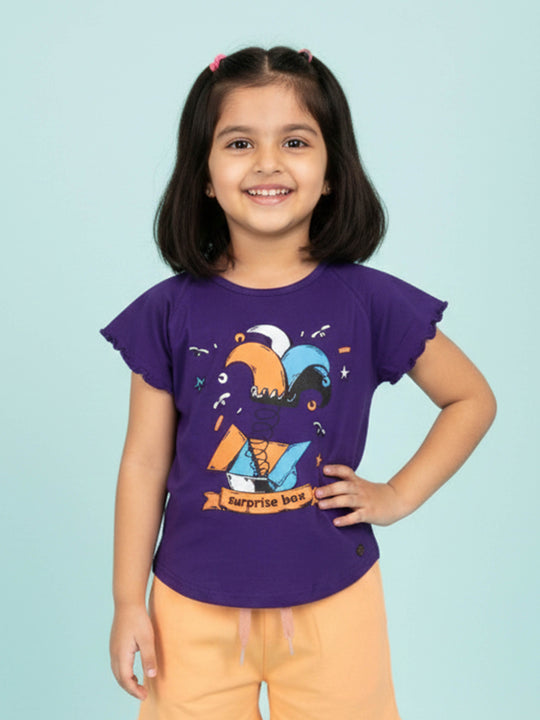 Kiddopanti Girls Cotton Raglan Sleeves Printed Tee