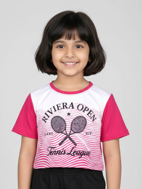 Kiddopanti Girls Polyester Spandex Graphic Printed Half Sleeve Round Neck Crop T-Shirt