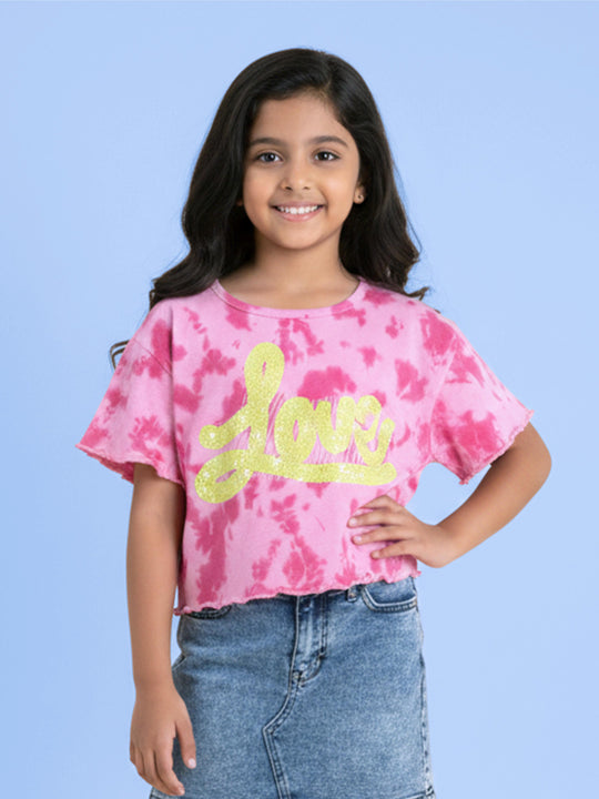 Kiddopanti Girls Cotton Crop Tie & Dye Printed Tee