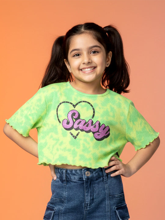 Kiddopanti Girls Cotton Crop Tie & Dye Printed Tee