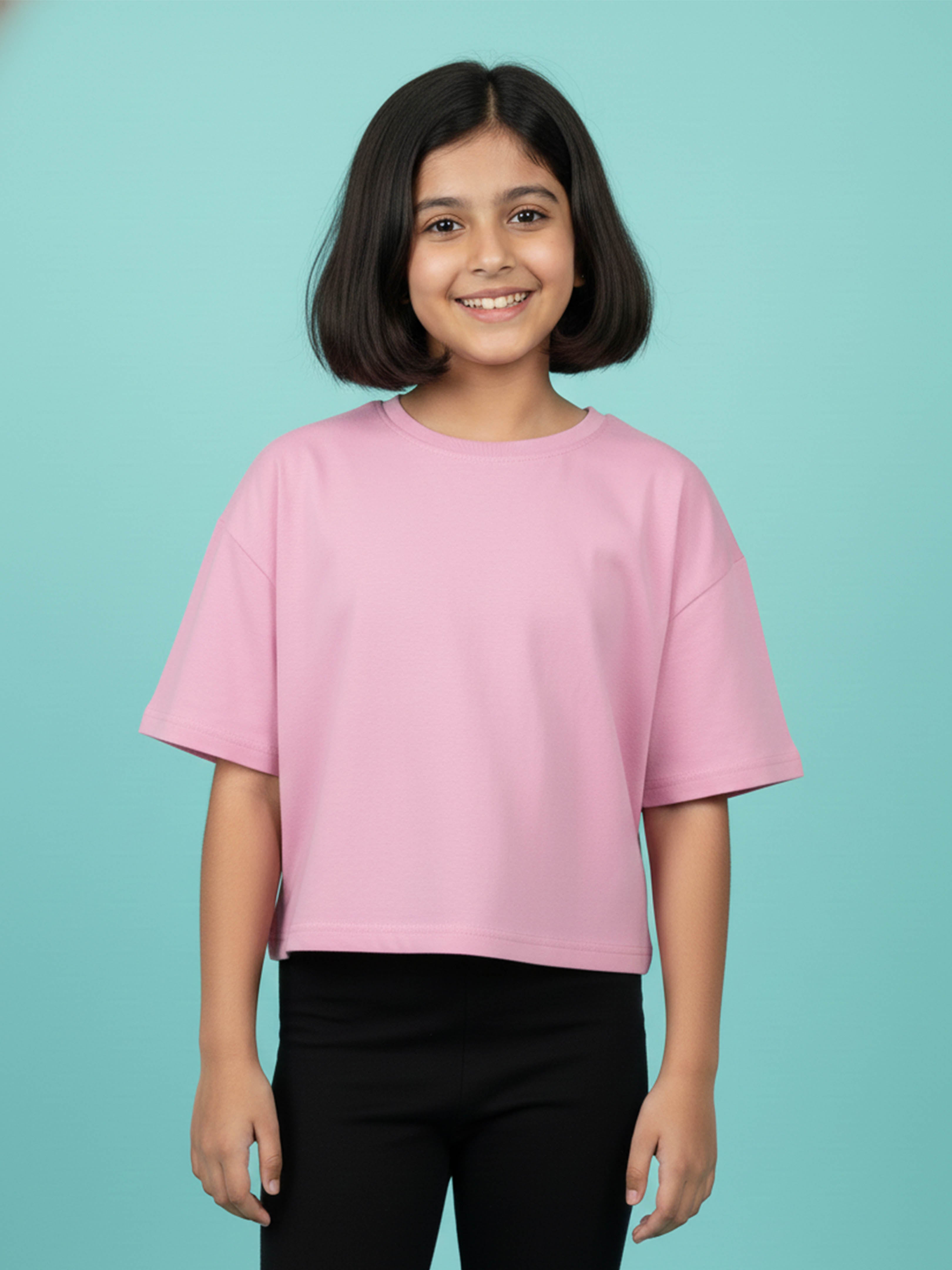 Kiddopanti Girls Cotton Solid Drop Shoulder Half Sleeve Round Neck Crop Tee