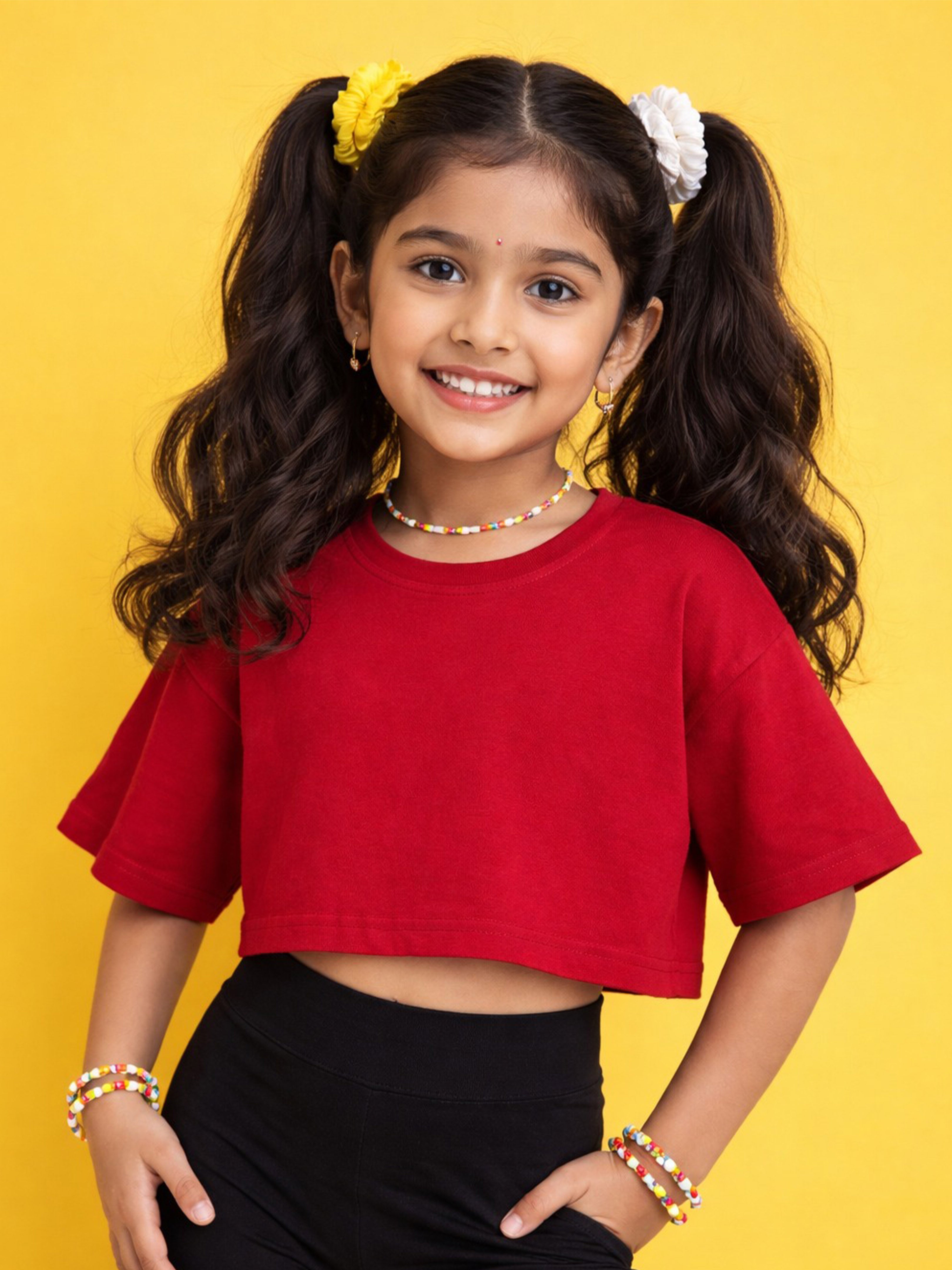 Kiddopanti Girls Cotton Knit Drop Shoulder Half Sleeves Solid Crop Tee