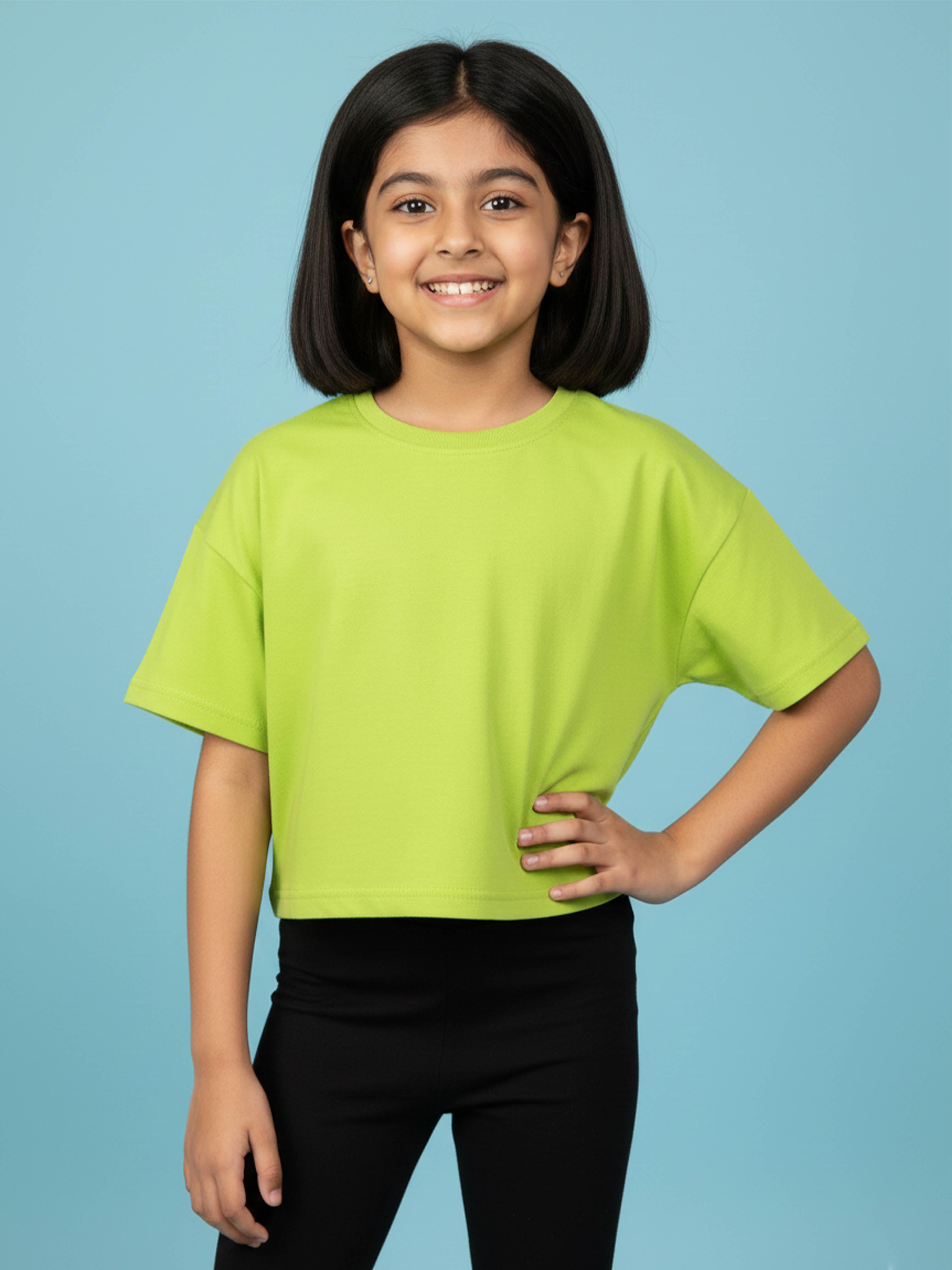 Kiddopanti Girls Cotton Solid Drop Shoulder Half Sleeve Round Neck Crop Tee