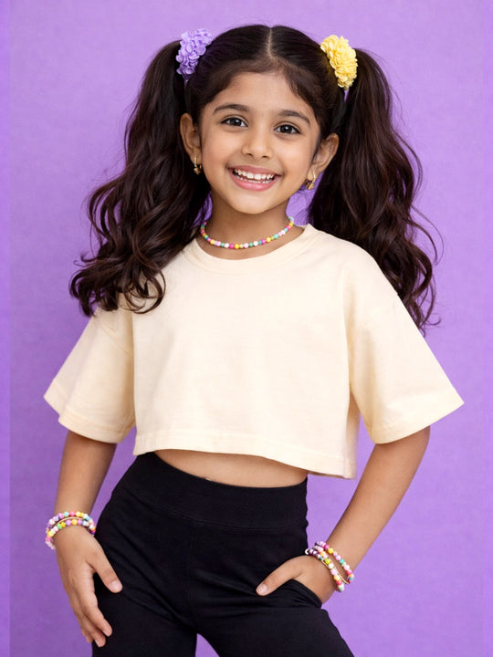 Kiddopanti Girls Cotton Knit Drop Shoulder Half Sleeves Solid Crop Tee