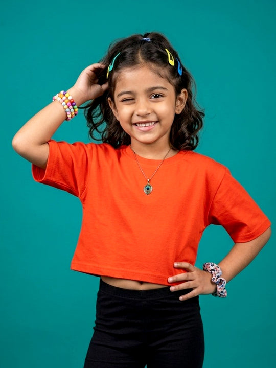 Kiddopanti Girls Cotton Knit Drop Shoulder Half Sleeves Solid Crop Tee
