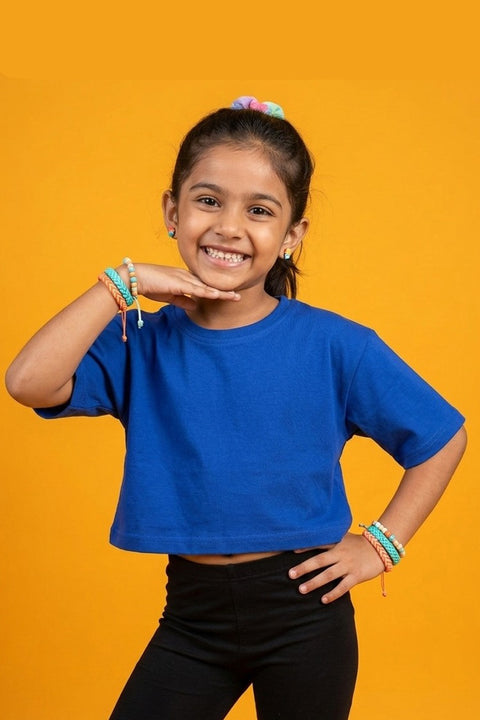 Kiddopanti Girls Cotton Knit Drop Shoulder Half Sleeves Solid Crop Tee