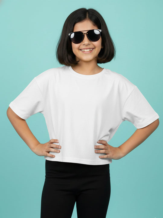 Kiddopanti Girls Cotton Solid Drop Shoulder Half Sleeve Round Neck Crop Tee