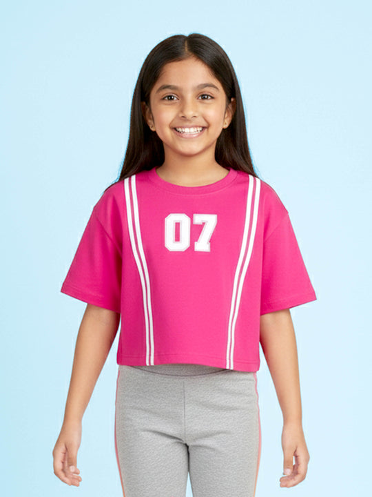 Kiddopanti Girls 100% Cotton Printed Drop Shoulder Round Neck Crop T-Shirt