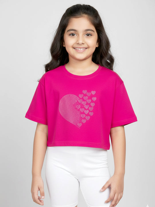 Kiddopanti Girls 100% Cotton Printed Drop Shoulder Round Neck Crop T-Shirt