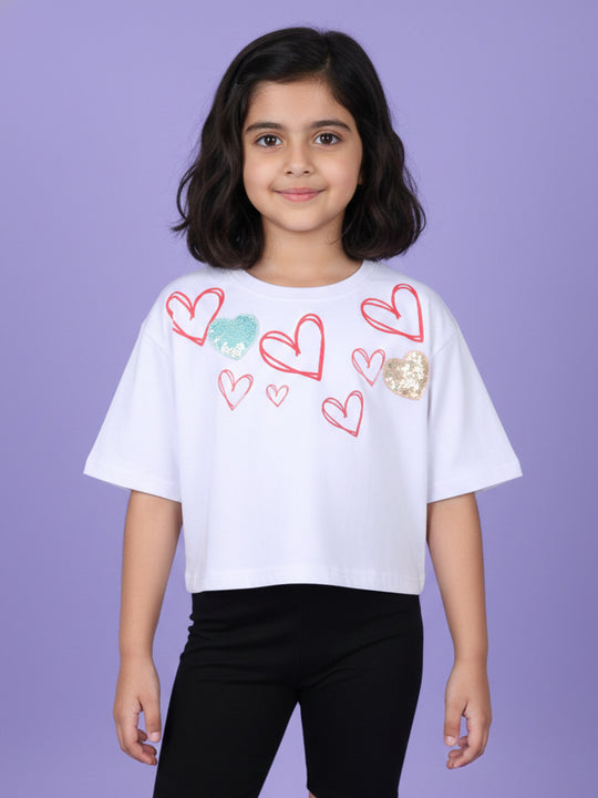 Kiddopanti Girls 100% Cotton Chest Printed Drop Shoulder Half Sleeve Crop T-Shirt