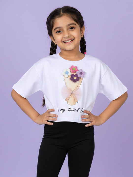 Kiddopanti Girls 100% Cotton Chest Printed Drop Shoulder Half Sleeve Crop T-Shirt