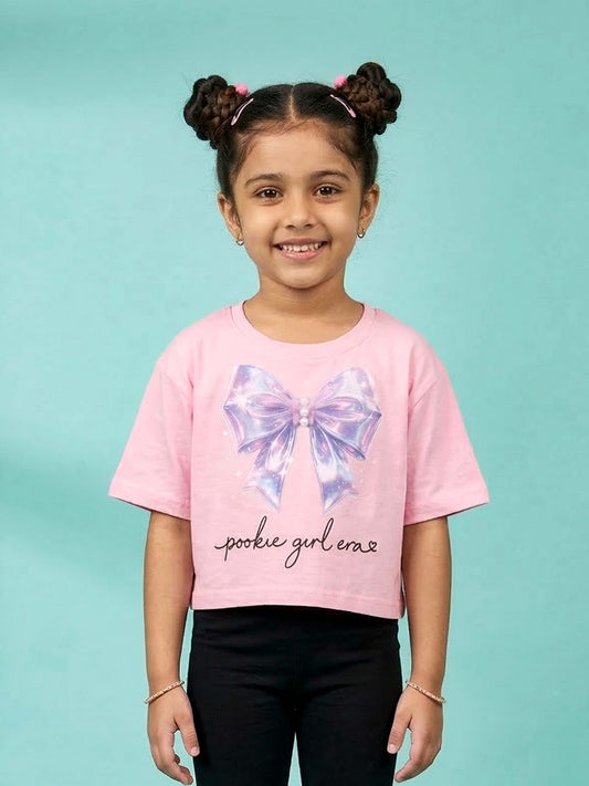 Kiddopanti Girls Cotton Bow Graphic Printed Drop Shoulder Tshirt