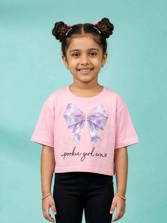 Kiddopanti Girls Cotton Bow Graphic Printed Drop Shoulder Tshirt