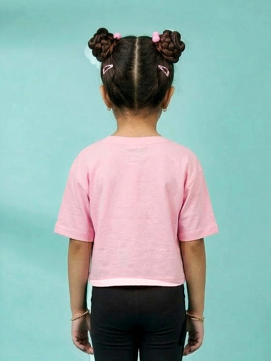 Kiddopanti Girls Cotton Bow Graphic Printed Drop Shoulder Tshirt