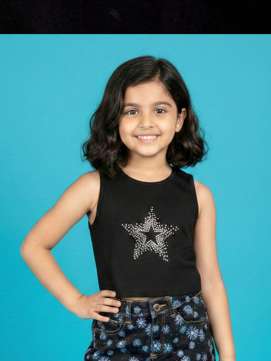 Kiddopanti Girls Cotton Spandex Sleeveless Racerback Rib Crop T-Shirt with RhineStones