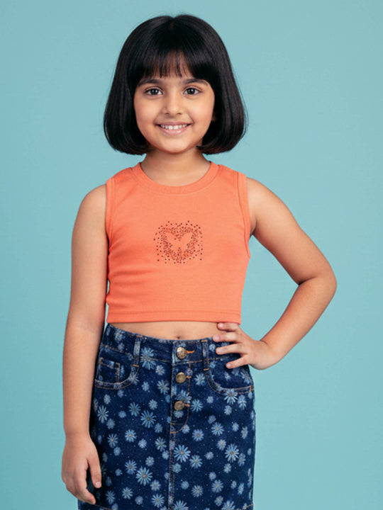 Kiddopanti Girls Cotton Spandex Sleeveless Racerback Rib Crop T-Shirt with RhineStones