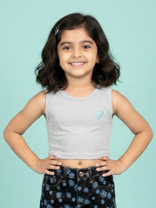 Kiddopanti Girls Cotton Spandex Sleeveless Racerback Rib Crop T-Shirt with RhineStones