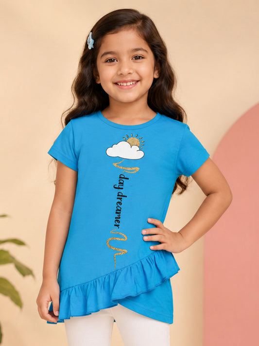 Kiddopanti Girls Cotton Knit Half Sleeves Day Dreamer Printed T-Shirt With Frill Bottom