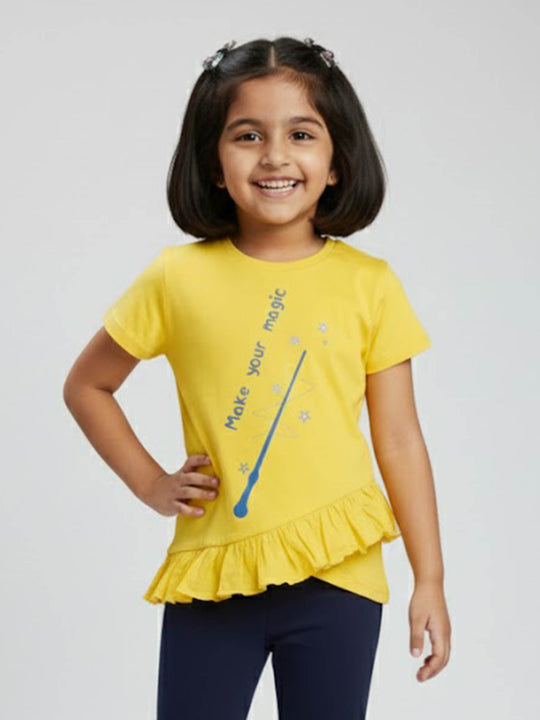 Kiddopanti Girls Cotton "Make Your magic" Printed Half Sleeve tee With Frill Bottom