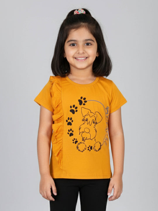 Kiddopanti Girls Cotton Printed Half Sleeve tee With Side Frill