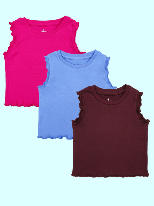 Girls Cotton Frill Sleeves Rib Crop T-shirt pack of 3 Soft Cotton Casual Summer Tee