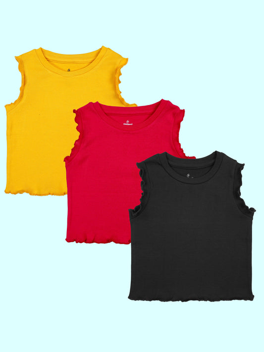 Girls Cotton Frill Sleeves Rib Crop T-shirt pack of 3 Soft Cotton Casual Summer Tee