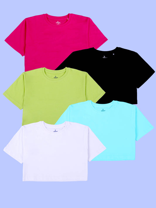 Kiddopanti Girls Cotton Solid Drop Shoulder Half Sleeve Round Neck Crop Tee Pack of 5