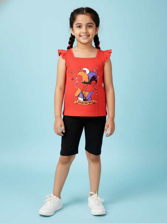 Kiddopanti Girls Printed Frill Sleeve Square Neck Tee  & Knee Length Cycling Shorts Set