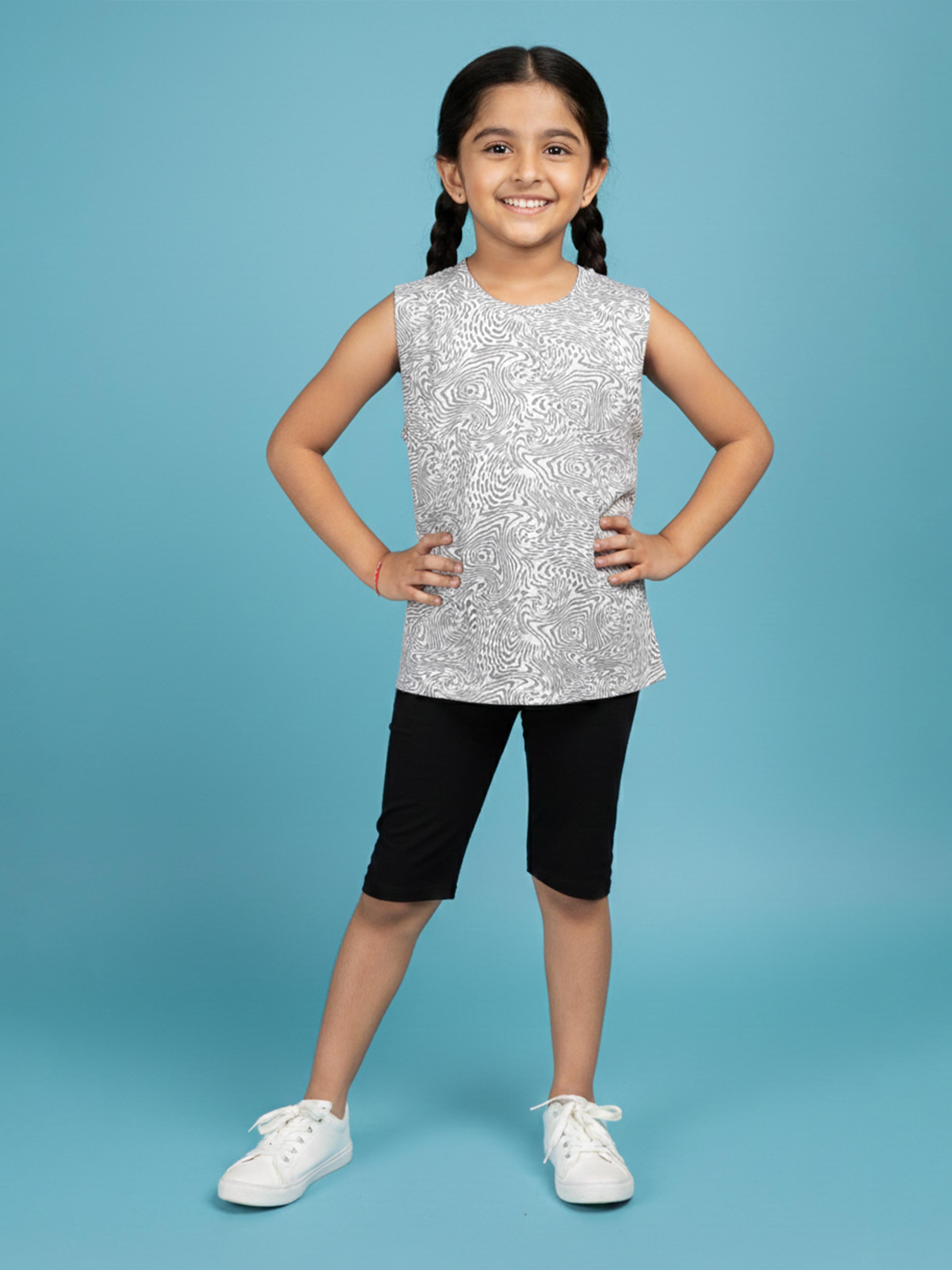 Kiddopanti Girls Round Neck Basic Sports Tee & Knee Length Cycling Shorts Set