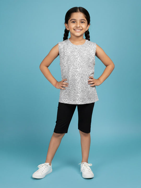 Kiddopanti Girls Round Neck Basic Sports Tee & Knee Length Cycling Shorts Set