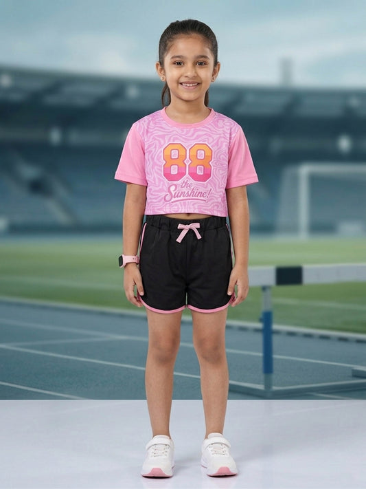 Kiddopanti Girls Polyester Spandex Printed Crop T-Shirt & Contrast Trim Shorts Set