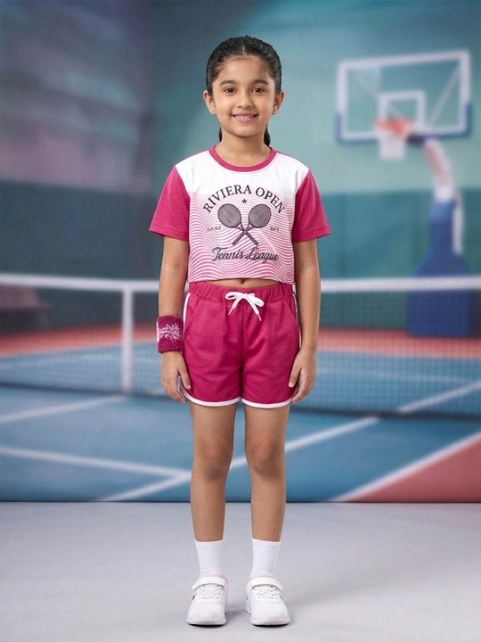 Kiddopanti Girls Polyester Spandex Printed Crop T-Shirt & Contrast Trim Shorts Set