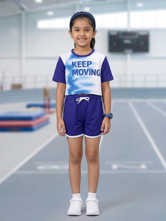 Kiddopanti Girls Polyester Spandex Printed Crop T-Shirt & Contrast Trim Shorts Set