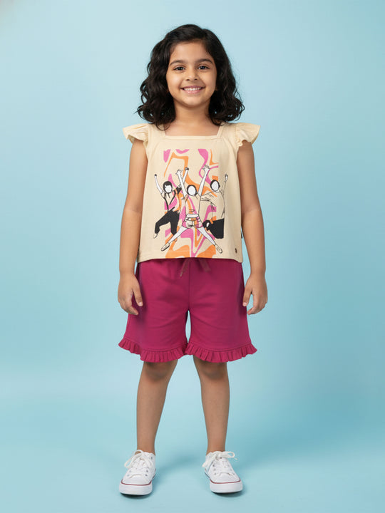 Kiddopanti Girls Printed Frill Sleeve Square Neck Tee  & Bottom Hem Frill Shorts Set