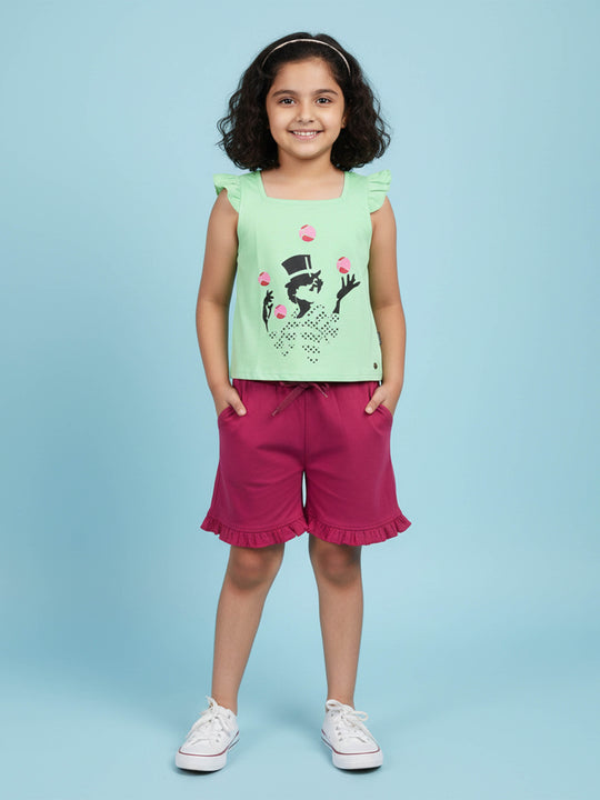 Kiddopanti Girls Printed Frill Sleeve Square Neck Tee  & Bottom Hem Frill Shorts Set